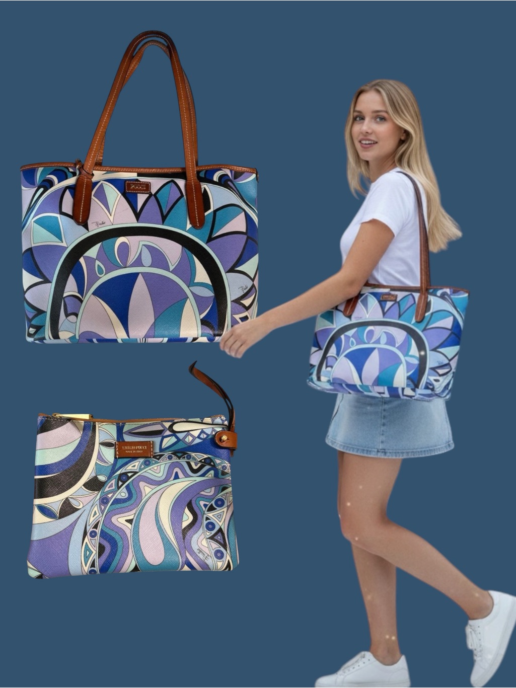 Emilio Pucci Blue And Purple Patterned Tote With Brown Handles